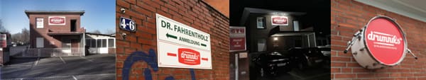 Die Schule im Grasweg 4–6: das Haus bei Tag und bei Nacht, das Schild an der Einfahrt und die Bassdrum mit dem drumnils-Logo an der Wand